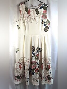 Norm Thompson Cream Floral Fit-and-Flare Textured Dress Size Large